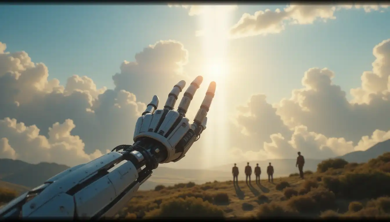 Divine hand touching robotic hand as humans watch