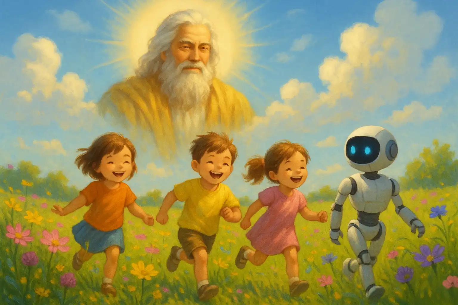 Grok AI robot s dvoje djece trči po polju, a iznad njih je lik koji simbolizira Boga, što ilustrira temu članka o filozofiji i umjetnoj inteligenciji.